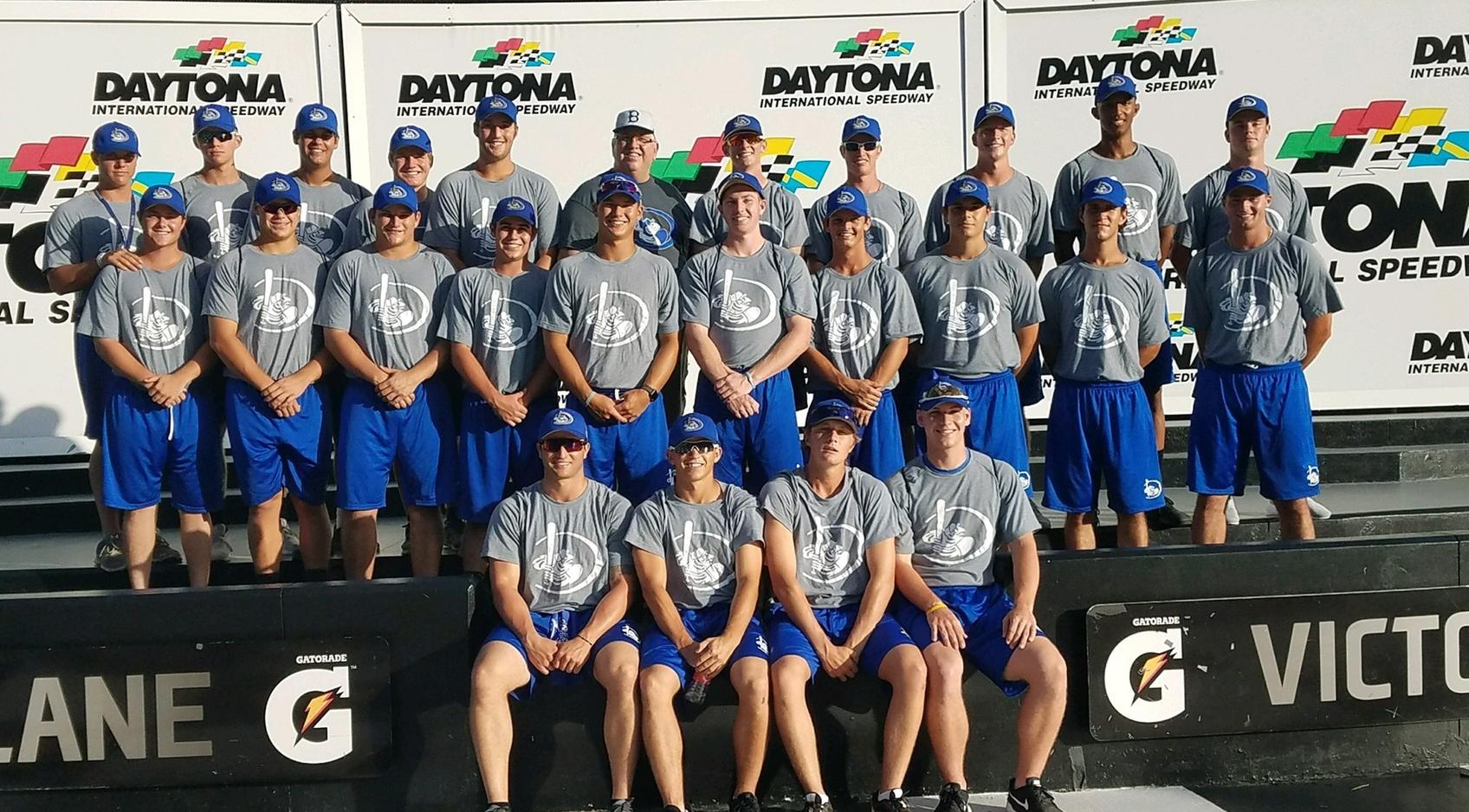 2017-2018 Daytona State Baseball Team in Daytona International Speedway Victory Lane with Associate Director of Campus Safety Paul Barnett